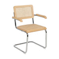 Silla Berlín voladiza de madera, rejilla y acero cromado, vista en tres cuartos